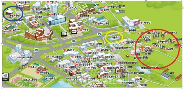The blue circle is the Health Care Service Center, and the yellow circle is the ‘Geoul Mot,’ and the red circle is the ‘Love Road.’